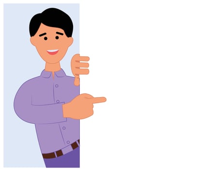 happy man pointing finger at blank presentation or information board. close up portrait of cute cartoon smiling businessman with advertising placard vector