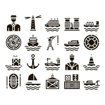 Marine Port Transport Glyph Set Vector
