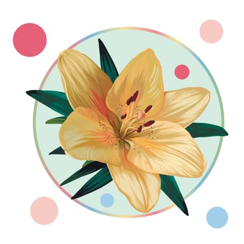 Yellow lily flower in a round frame with colorful peas. Green leaves, open buds, closed buds, yellow flowers. Realistic vector graphics