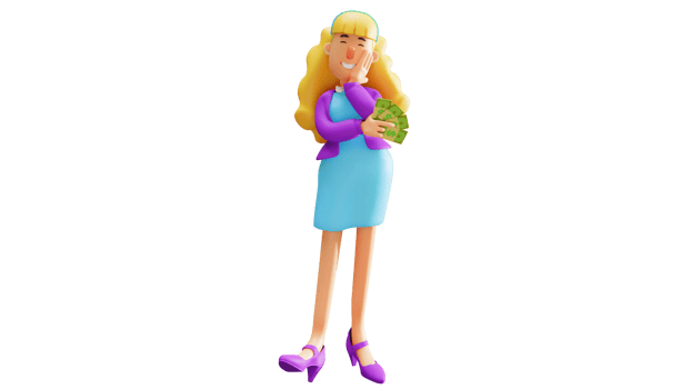 3D illustration. Rich Woman 3D Cartoon Character. Beautiful rich woman smiling holding chin. Rich women hold a lot of money. 3D Cartoon Character png