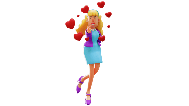 3D illustration. Romantic Woman 3D Cartoon Character. Romantic beautiful woman showing love sign. Romantic woman surrounded red love symbol. 3D Cartoon Character png