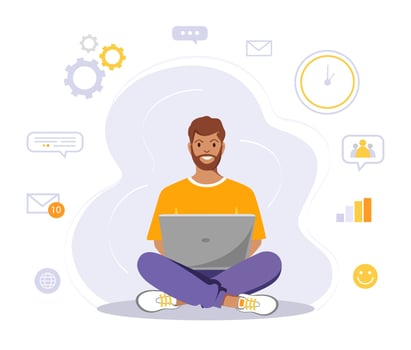 Man is sitting with laptop. Concept illustration for working, freelancing, studying, education, work at home. Vector illustration in flat cartoon style