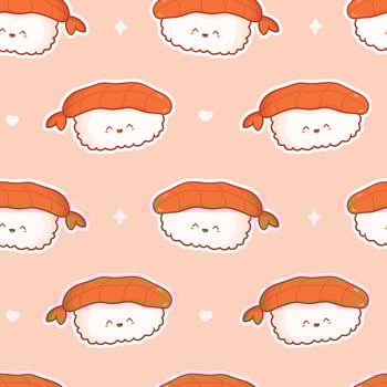 Kawaii seamless pattern with sushi with funny face. Vector cute print asian food in cartoon style for phone case, backgrounds, fashion, wrapping paper and textile