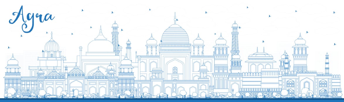 Outline Agra India City Skyline with Blue Buildings. vector