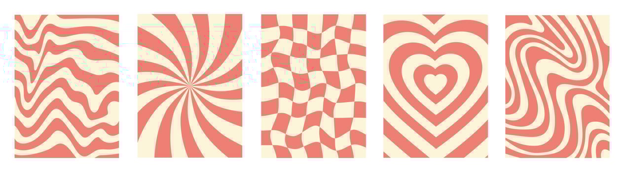 Retro groovy set waves, swirl and checkered distorted backgrounds. Trendy monochrome vector texture in retro vintage style. Pastel colors