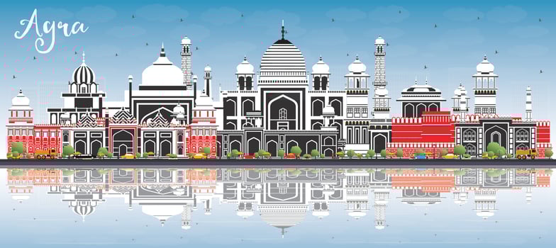 Agra India City Skyline with Color Buildings, Blue Sky and Reflections. vector