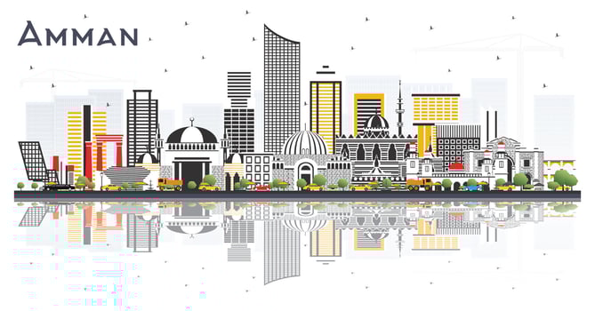Amman Jordan City Skyline with Color Buildings and Reflections Isolated on White. vector