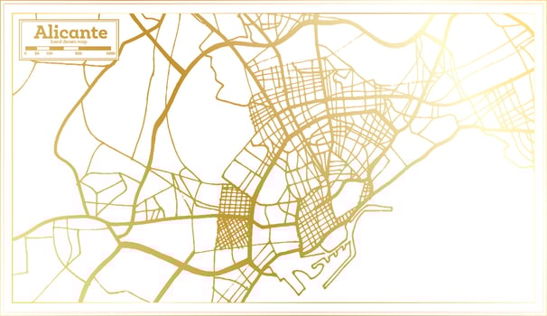 Alicante Spain City Map in Retro Style in Golden Color. Outline Map. vector