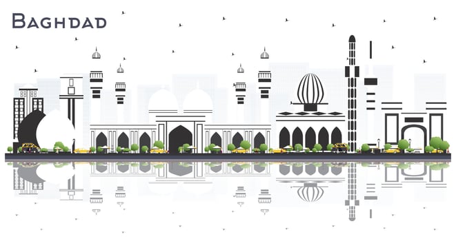 Baghdad Iraq City Skyline with Color Buildings and Reflections Isolated on White. vector