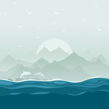 The flight of dolphins floats in the sea. A vector illustration