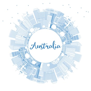 Outline Australia City Skyline with Blue Buildings and Copy Space. vector