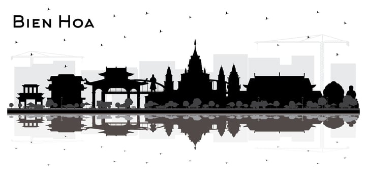 Bien Hoa Vietnam City Skyline Silhouette with Black Buildings and Reflections Isolated on White. vector