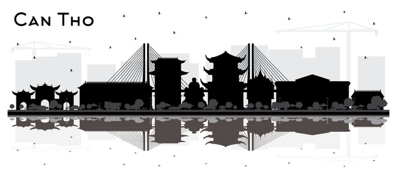 Can Tho Vietnam City Skyline Silhouette with Black Buildings and Reflections Isolated on White. vector