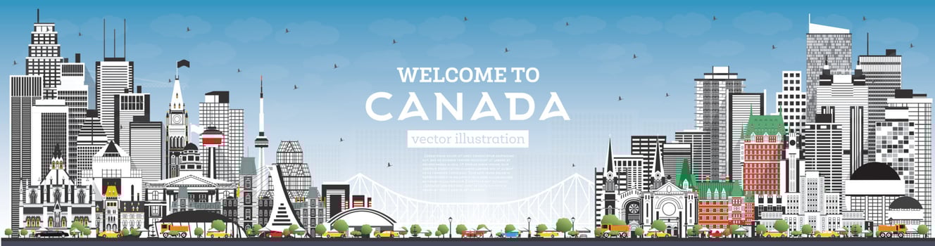 Welcome to Canada City Skyline with Gray Buildings and Blue Sky. vector