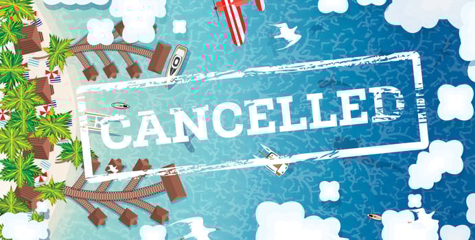 Cancelled Vacation and Flight due Coronavirus Covid-19. White Stamp on a Beautiful Island Beach with Airplane. vector