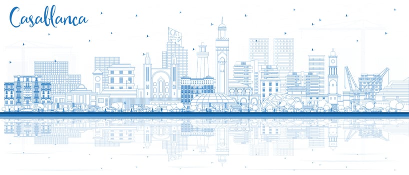 Outline Casablanca Morocco City Skyline with Blue Buildings and Reflections. vector