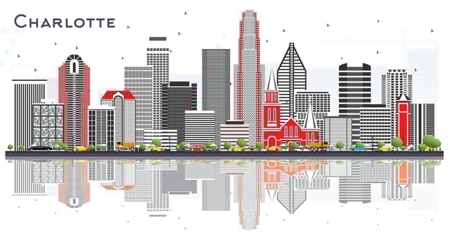 Charlotte NC City Skyline with Gray Buildings and Reflections Isolated on White. vector