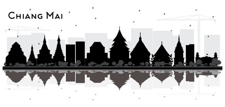 Chiang Mai Thailand City Skyline Silhouette with Black Buildings and Reflections Isolated on White. vector