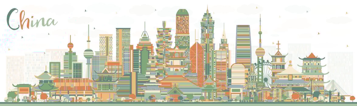 China City Skyline with Color Buildings. Famous Landmarks in China. vector