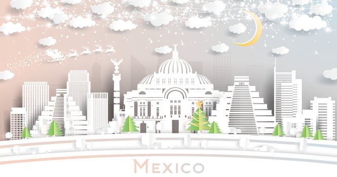 Mexico City Skyline in Paper Cut Style with Snowflakes, Moon and Neon Garland. vector
