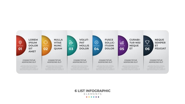 6 list of steps, horizontal layout diagram with number of sequence, colorful and modern infographic element template vector
