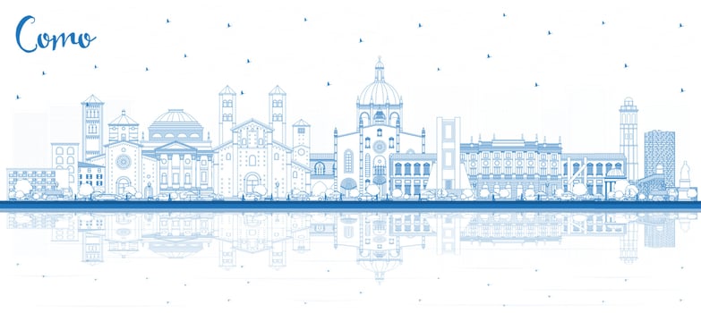 Outline Como Italy City Skyline with Blue Buildings and Reflections. vector
