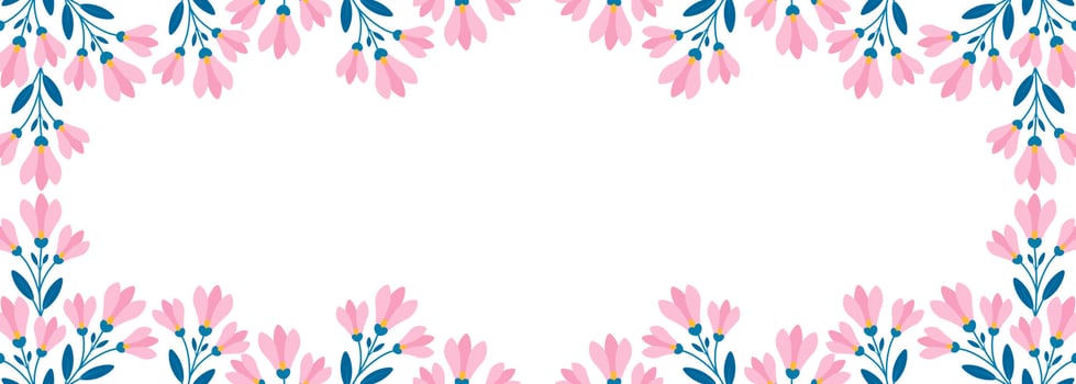 Floral horizontal border, Twigs with pink flowers and leaves in flat style. Vector template
