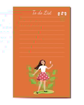 Vector to-do list template with a design of a cute girl with a flower in her hand. Personal diary page