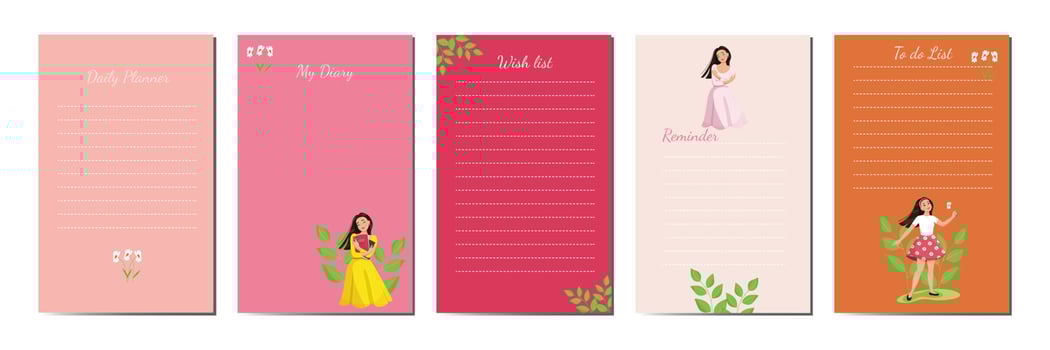 Personal diary templates. Vector elegant design, a cute girl with a book in her hands