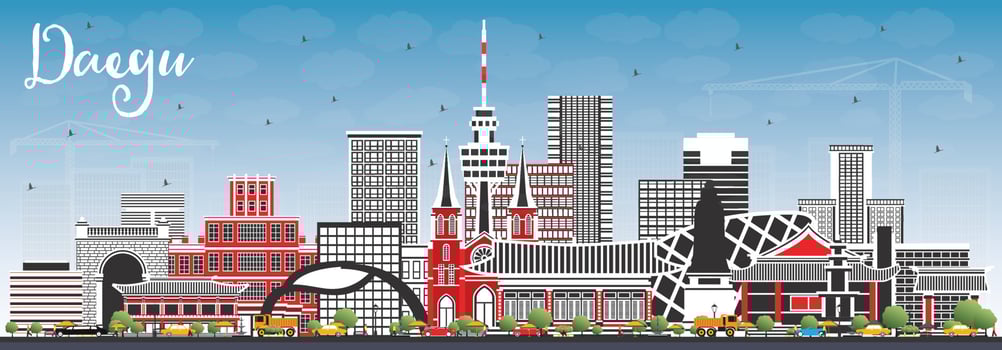 Daegu South Korea City Skyline with Color Buildings and Blue Sky. vector