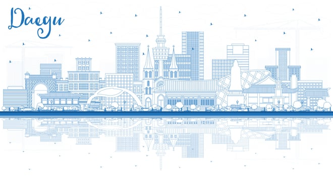 Outline Daegu South Korea City Skyline with Blue Buildings and Reflections. vector