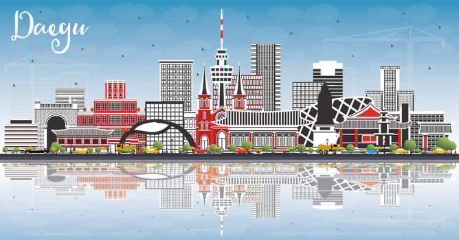 Daegu South Korea City Skyline with Color Buildings, Blue Sky and Reflections. vector