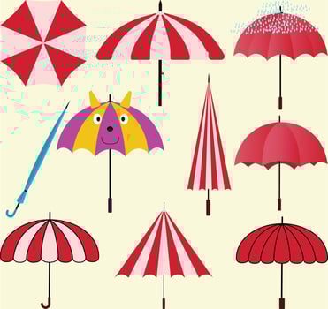 Isolated and realistic umbrella icon. Open and fold the umbrella. A set of different umbrellas in different positions. All components are isolated. Stylish accessory for protection from rain or sun vector