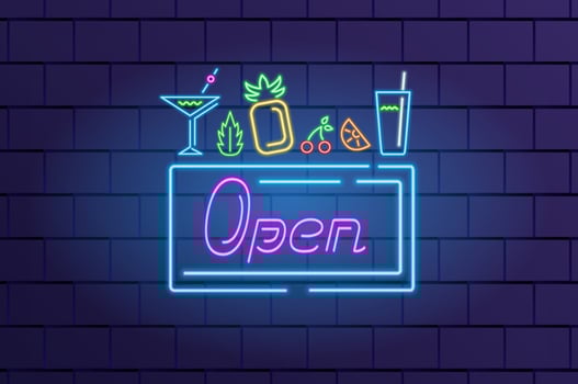 Open bar neon sign with neon drinking glass, pineapple and fruits on a brick wall, neon art, glowing electric light symbol, vector elements.