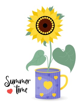 Beautiful blooming sunflower in cup. poster summer time. Vector illustration. Farm plant yellow flower with leaves.
