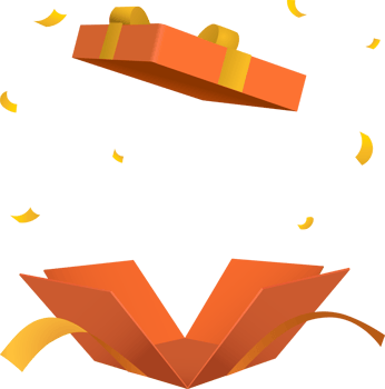 Surprise open orange gift box with gold ribbon 3d style png