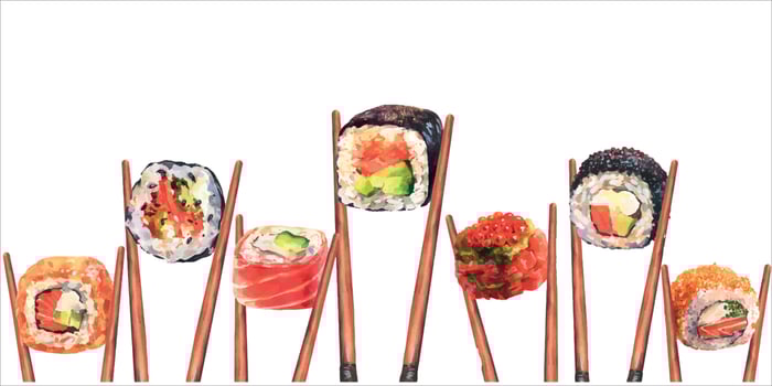 Watercolor horizontal flatlay composition with traditional Japanese sushi and chopsticks on white background. Flat lay, top view template for poster or card vector