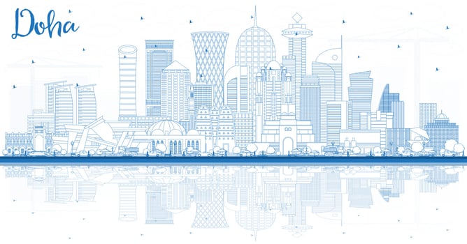 Outline Doha Qatar City Skyline with Blue Buildings and Reflections. vector