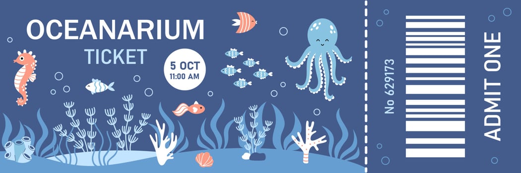 Vector Oceanarium ticket template design. Admit one ticket. Template of Aquarium ticket.