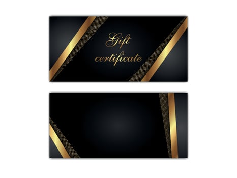 Gift certificate templates isolated. Vector graphic black voucher layouts with shiny golden decor elements. Illustration of gift coupon with luxury background