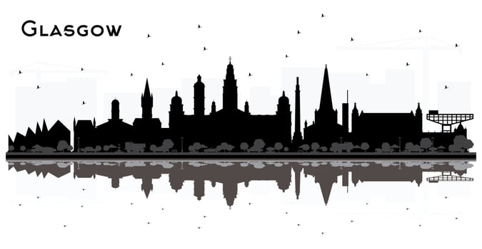 Glasgow Scotland City Skyline with Black Buildings and Reflections Isolated on White. vector