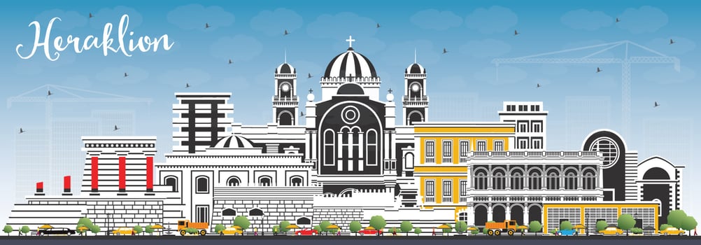 Heraklion Greece Crete City Skyline with Color Buildings and Blue Sky. vector