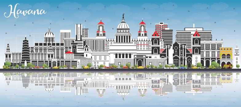 Havana Cuba City Skyline with Color Buildings, Blue Sky and Reflections. vector