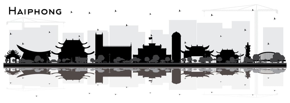 Haiphong Vietnam City Skyline Silhouette with Black Buildings and Reflections Isolated on White. vector
