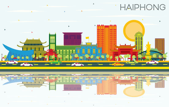 Haiphong Vietnam City Skyline with Color Buildings, Blue Sky and Reflections. vector