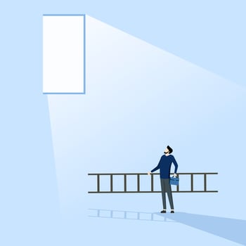 Business Concept hope to solve crisis problem, plan and strategy to achieve achievement, ladder of success concept, businessman holding ladder see hope plan to climb and escape through light exit. vector