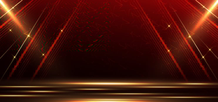 Elegant golden scene diagonal glowing with lighting effect sparkle on red background. Template premium award design. vector