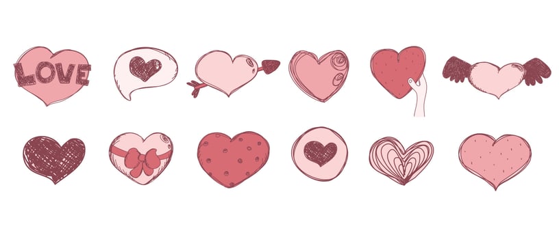 Cutte Hearts Set. sketch hand drawn Style. Collection of Design elements for postcards, Wedding and Valentine day invitation and greeting cards design vector