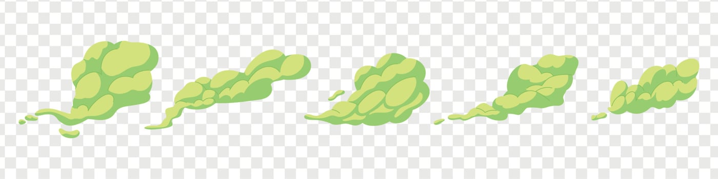 Stinky smoke samples set. Green smelly toxic clouds in cartoon style. Bad aroma stench. Vector isolated illustration