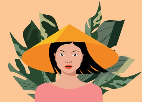 Asian woman, traditional costume, conical hat. Young, beautiful woman, black hair. Lush thickets in the background, banana palm leaves. Modern vector illustration.